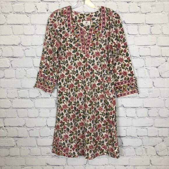 Anokhi Dresses & Skirts - Anokhi Ivory Floral Block Print Kaftan Tunic Dress Size S Cotton